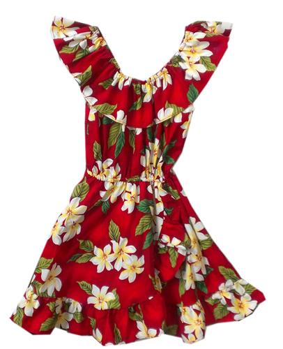 Hawaiian Hula Girl Plumeria Red Cotton Dress